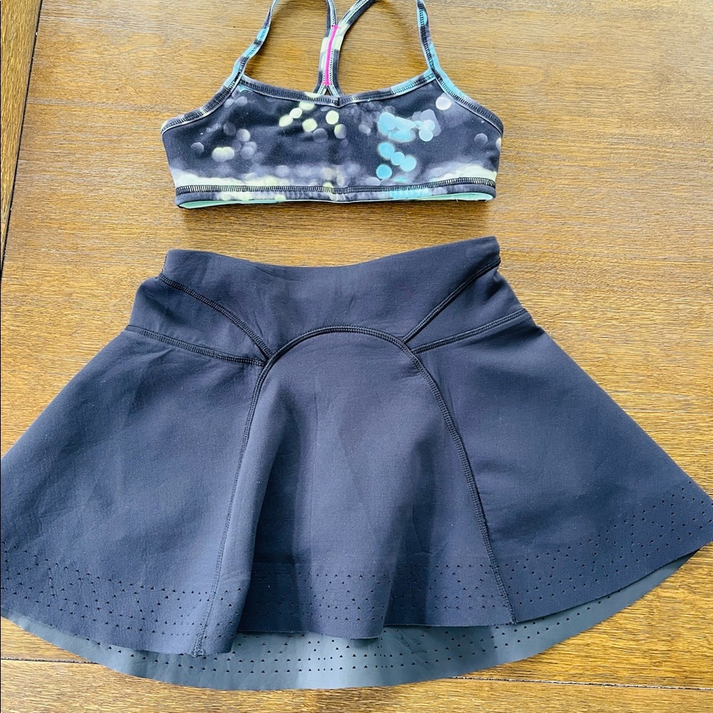 Dance / tennis bra top & skirt / skort. Black turquoise yellow. Ivivva 10. VGUC
